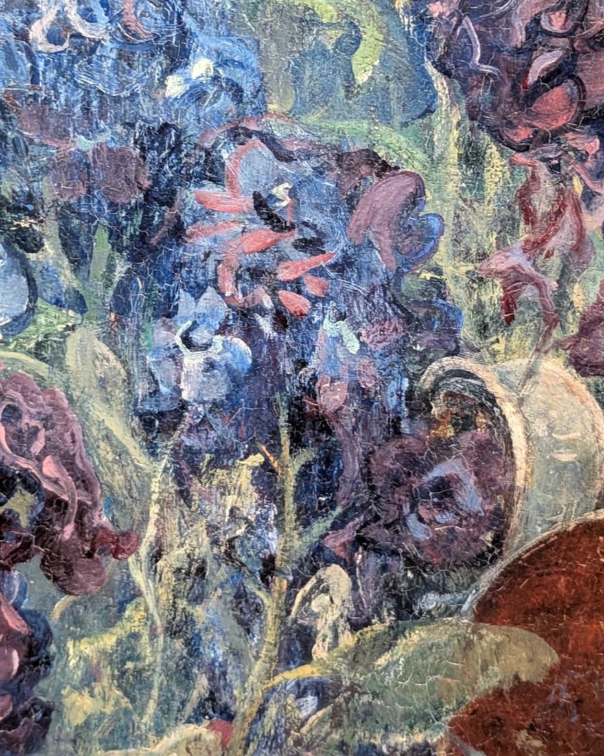 Close detail of Jacobus van Looy's July, showing thick blue and violet brushwork and fine craquelure across the paint surface